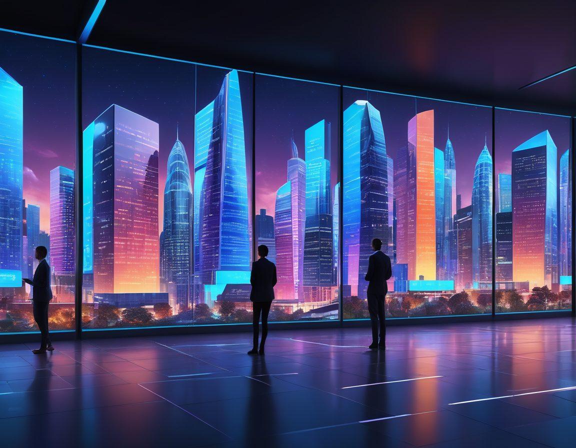 A futuristic city skyline with digital screens displaying online insurance solutions, diverse people exploring insurance options on virtual tablets, and a lock symbol representing security and access to affordable coverage. Bright colors, modern aesthetics, a blend of technology and trust. super-realistic. vibrant colors. 3D.