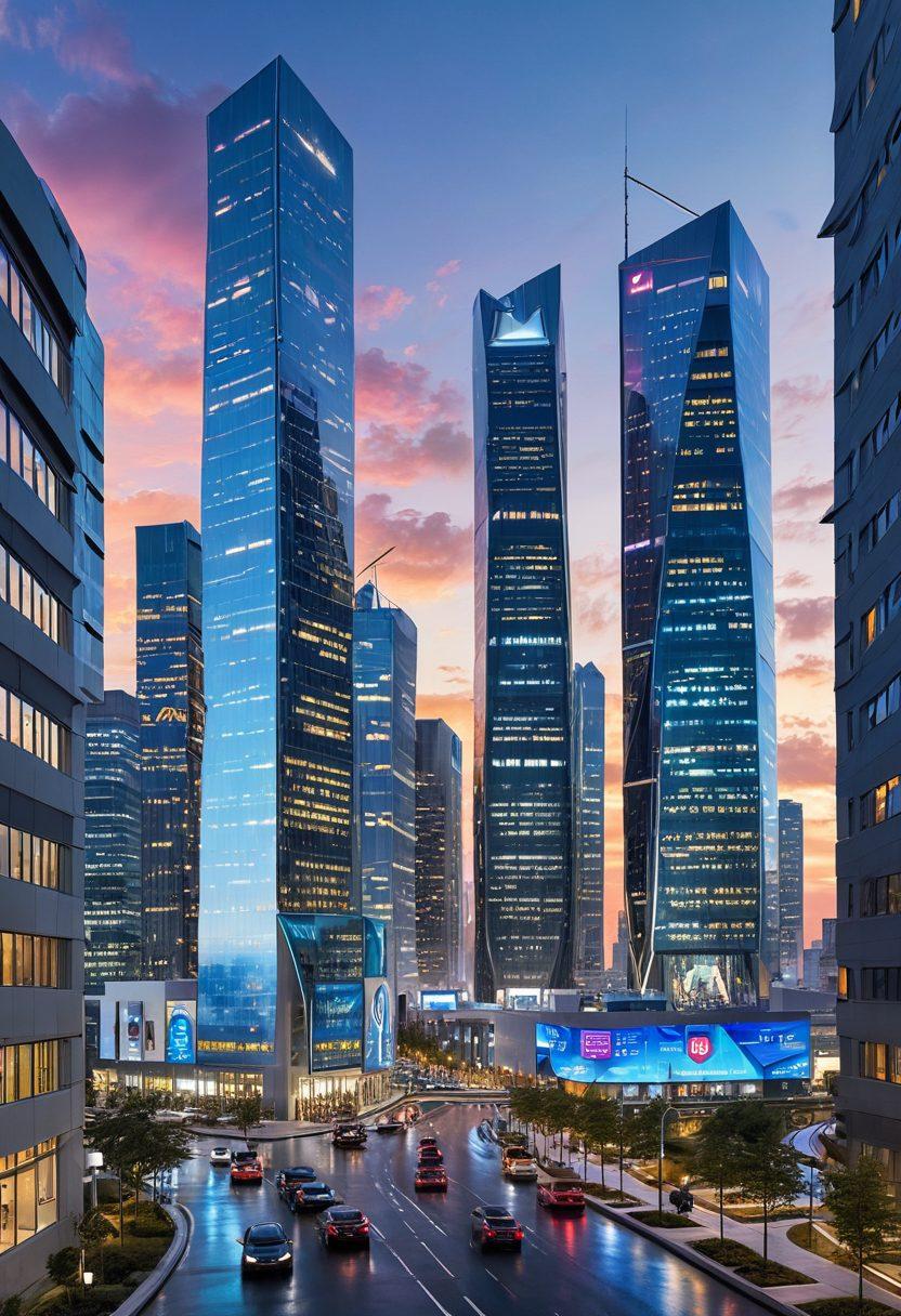 A futuristic cityscape representing security, featuring smart homes and individuals using digital devices to manage their insurance policies. Incorporate visual symbols of protection like shields and lock icons, with a dynamic sky showcasing vibrant colors reflecting safety and innovation. Include diverse people interacting with insurance apps on their devices. super-realistic. vibrant colors. digital art.